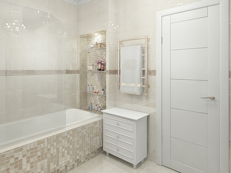 Дизайн интерьера ванной в Ярославле "БЕЛАЯ ВАННАЯ С МОЗАЙКОЙ"